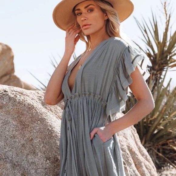 Gray Gauze Boho Button Maxi Dress - Picture 5 of 8